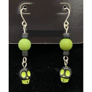 Handmade Neon Yellow & Black Skull Lime Green Black Bead Earrings by Neanie-Bot